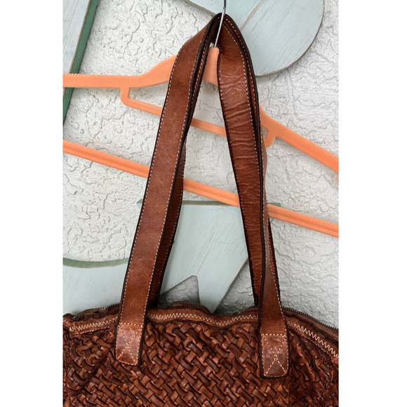 LANGELOTTI Italian Distressed Leather Woven Tote Bag - Crossbody - Tobacco Brown - Picture 3 of 12